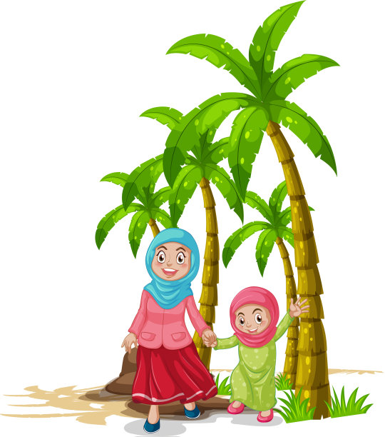 妈妈和女儿在海滩上的场景图片下载