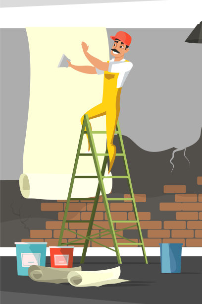 建筑工人粘墙纸图片下载