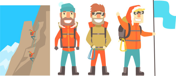 三个穿着保暖外套的男性登山者图片下载