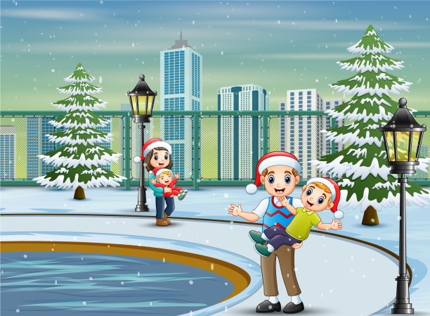 快乐的家庭在一个冬季公园玩图片下载