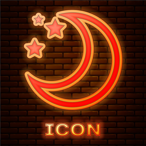 发光的霓虹灯，月亮和星星的图标孤立在砖块上图片下载
