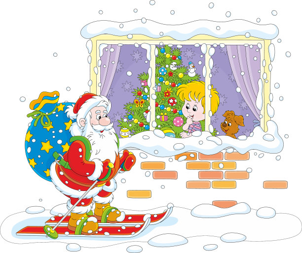 男孩看着圣诞老人拿着礼物滑雪图片下载