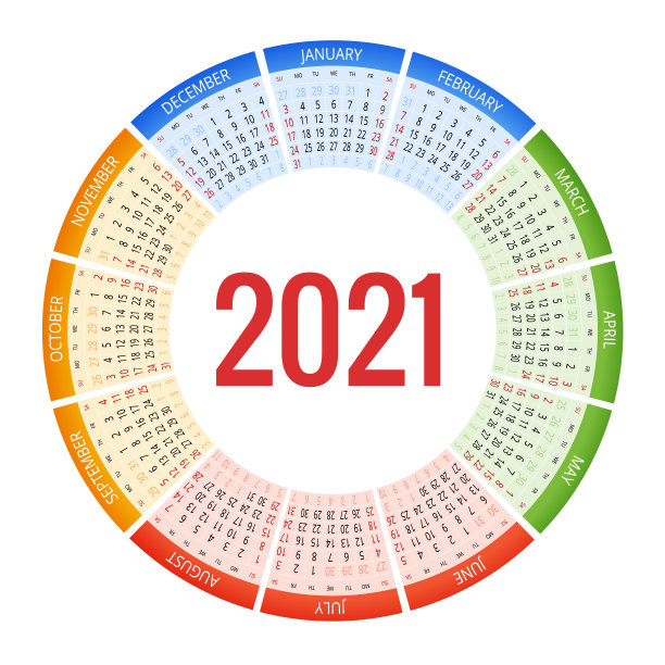 彩色圆形日历2021日历周开始图片下载