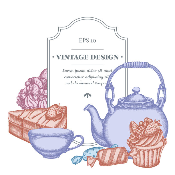 徽章设计与彩色糖果杯蛋糕茶壶图片下载