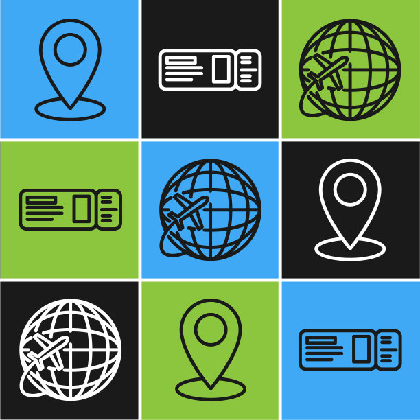 设置直线地图针地球仪与飞行飞机和图片下载