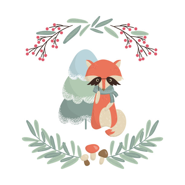 圣诞贺卡和可爱的狐狸圣诞树图片下载