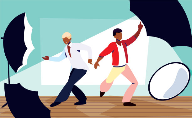 男人们在照相馆拿着相机摆姿势图片下载