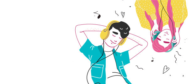 男孩和女孩戴着耳机听音乐图片下载