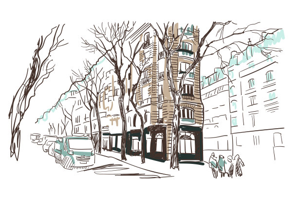 巴黎欧洲街道素描水彩图片下载