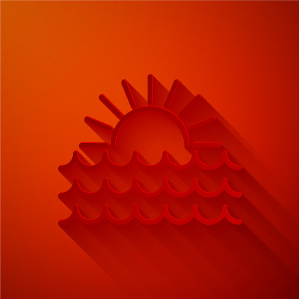 剪纸日落图标孤立在红色背景图片下载