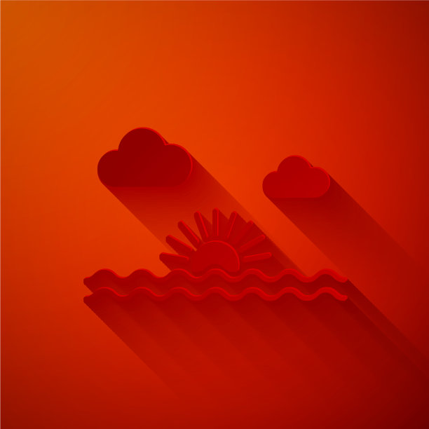 剪纸日落图标孤立在红色背景图片下载