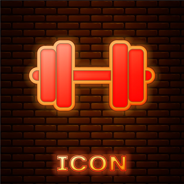 发光的霓虹灯哑铃图标孤立在砖墙上图片下载