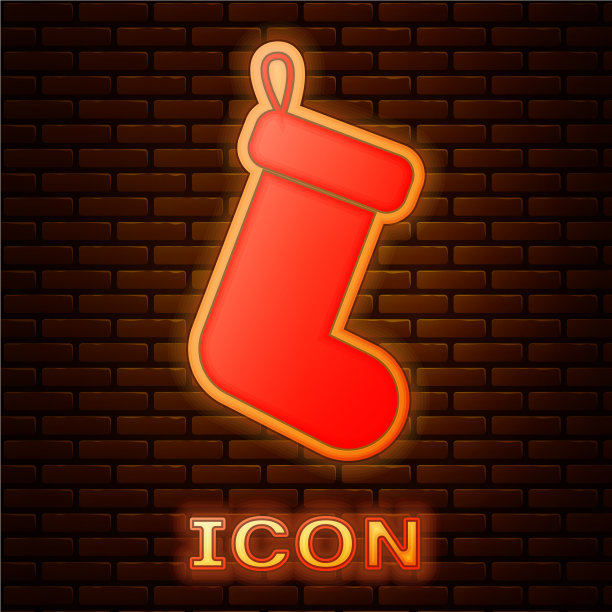 发光的霓虹灯圣诞袜图标孤立在砖块上图片下载