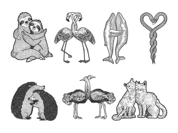 动物爱情情侣拥抱布景素描图片下载