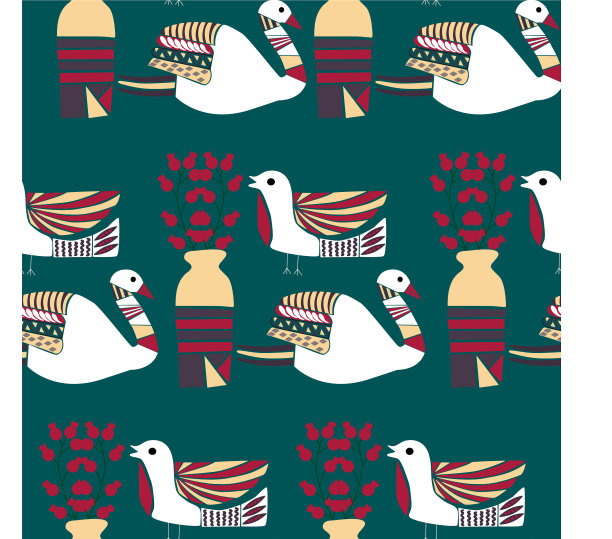 民间艺术壶与花、天鹅和鸟在一起图片下载