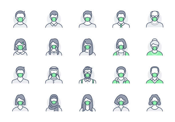 人们在面具头像线图标。矢量插图包括图标为男性，女性，穆斯林，老年人，成年人和年轻人的人形轮廓象形图的用户档案。可编辑的描边，绿色图片下载