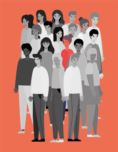 女性化身在彩色黑白之间的人群矢量设计图片下载