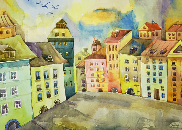 水彩画联排别墅建筑图片下载