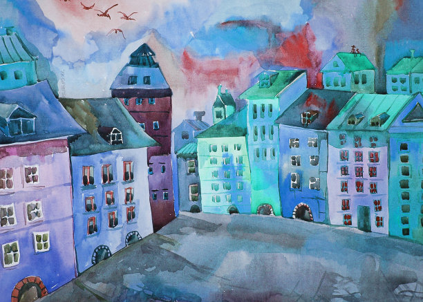 水彩画联排别墅建筑图片下载