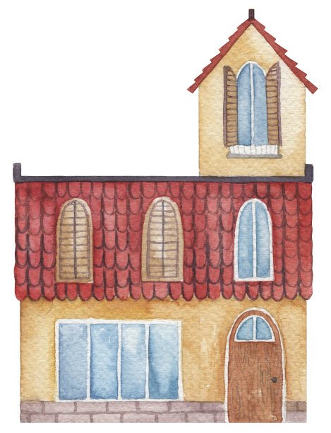 水彩手绘房子与红色屋顶瓦图片下载
