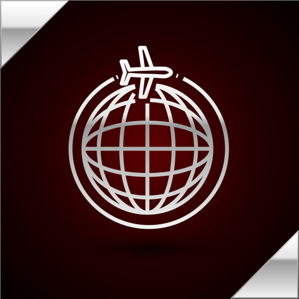 银色线全球与飞行飞机图标孤立图片下载