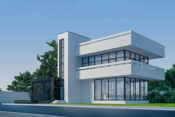 现代住宅，白色灰泥外墙，带阳台和高楼梯，白天，绿色树木和白色围栏背景，街道景观3D插画图片下载