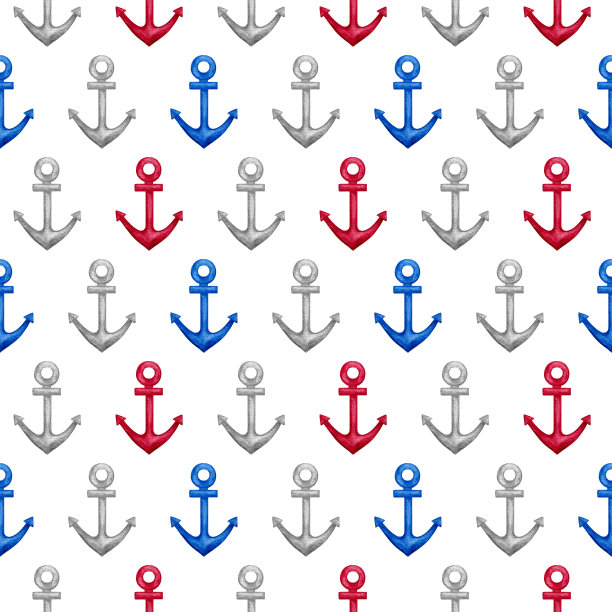 无缝图案与水彩红、蓝、银灰色锚。手绘的航海(海洋)插图在白色的背景为设计。海洋主题图片下载