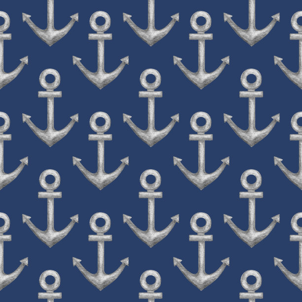 无缝图案与水彩银锚。海军蓝背景手绘海(航海/海洋)插图设计。图片下载