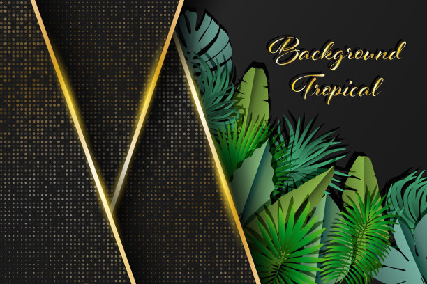 背景与绿色的叶子在黑色和金色。现代创意设计。半色调的效果。图片下载