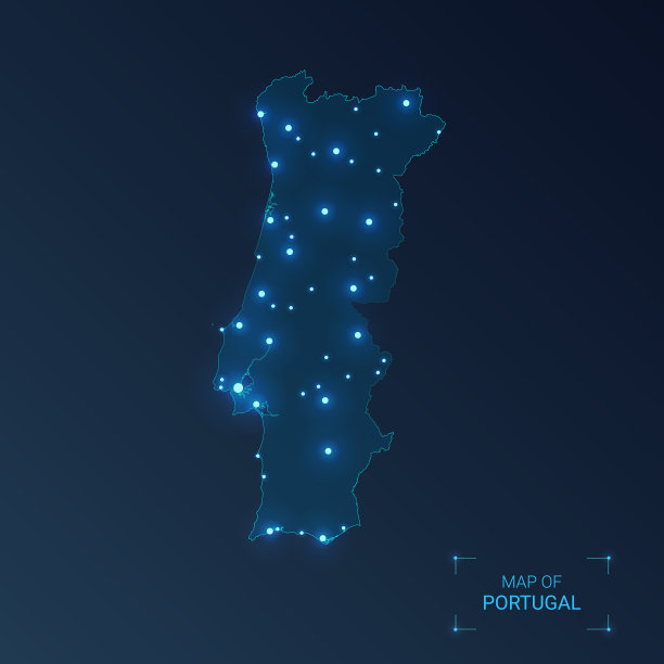 葡萄牙地图与城市发光点-霓虹灯图片下载