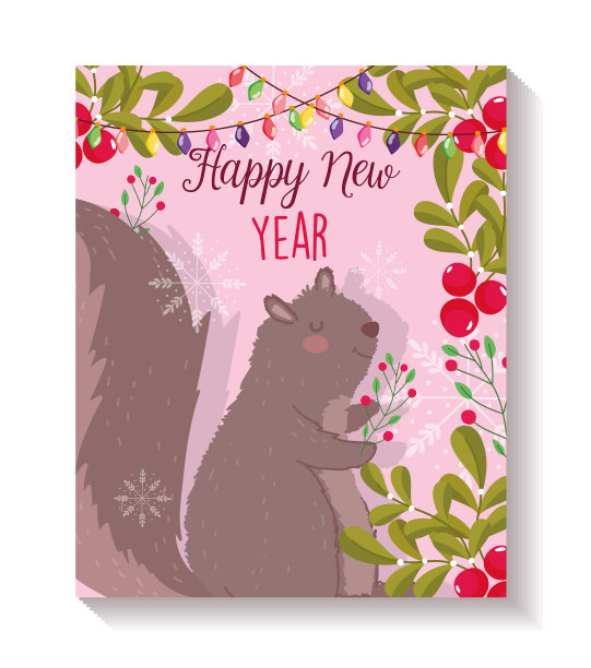 新年快乐可爱的松鼠树叶灯海报图片下载