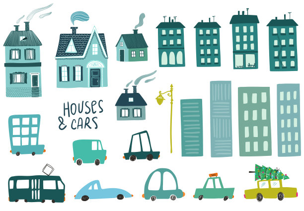 彩色设置孤立的汽车和房子图标图片下载