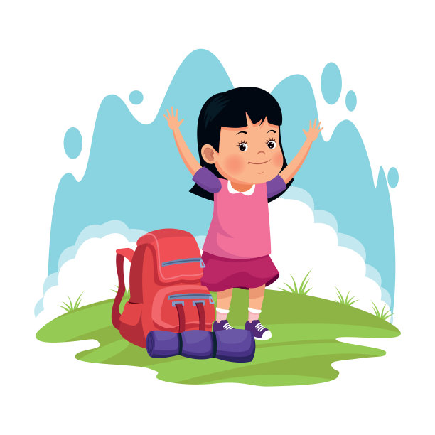 卡通快乐的女孩和露营背包图片下载