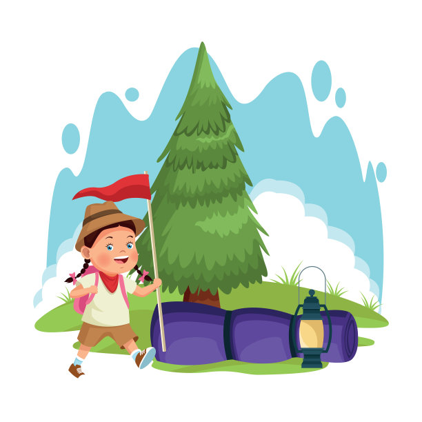 卡通探险家女孩在森林露营图片下载