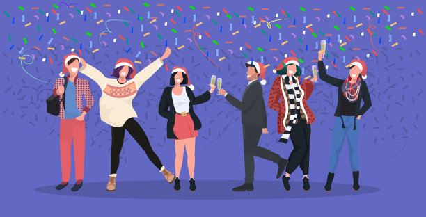 商人戴着圣诞老人的帽子，上面撒着五彩纸屑图片下载