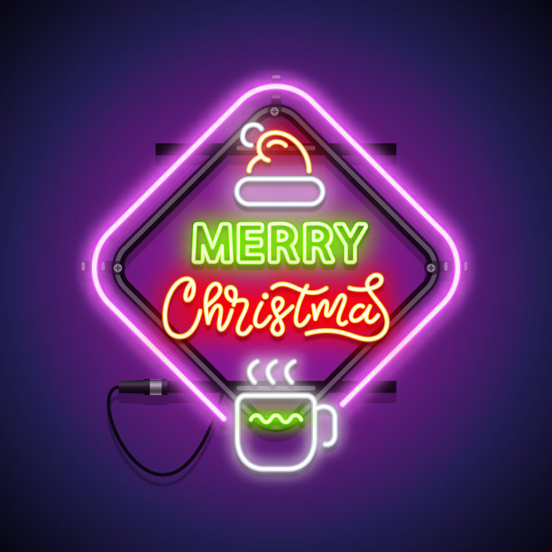 圣诞快乐，温暖的马克杯霓虹灯图片下载