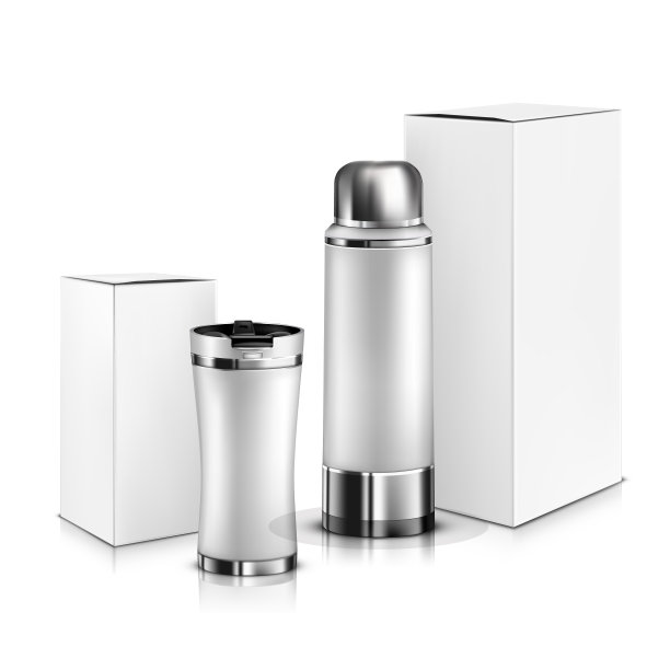 模拟的白色设置热水瓶和温度计与盒子图片下载