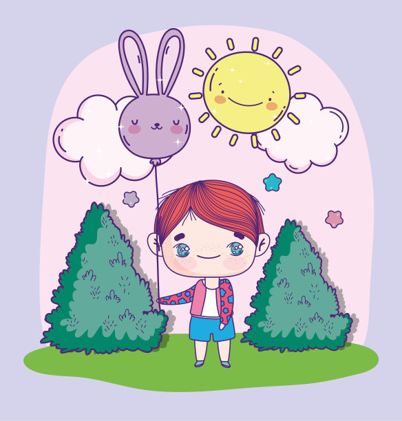 动漫可爱的男孩与气球形状的兔子户外图片下载