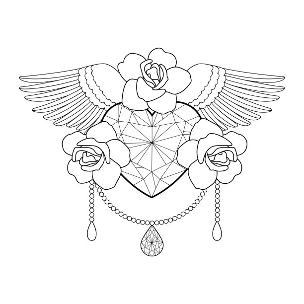 心玫瑰和翅膀的轮廓着色图片下载