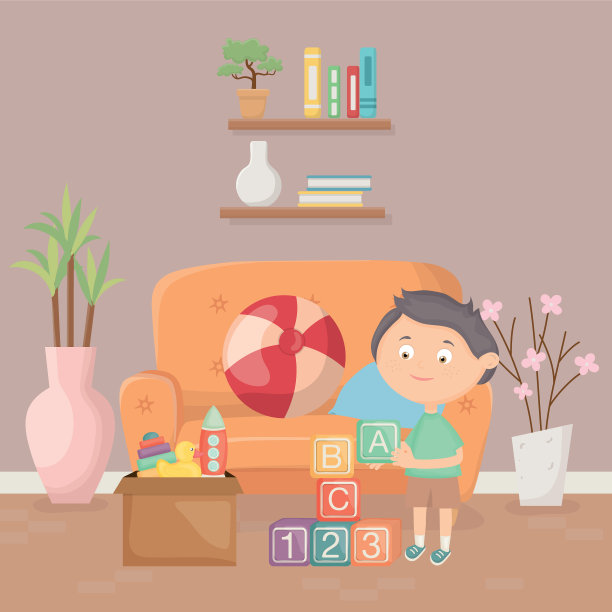 快乐的小男孩在客厅里有很多玩具图片下载