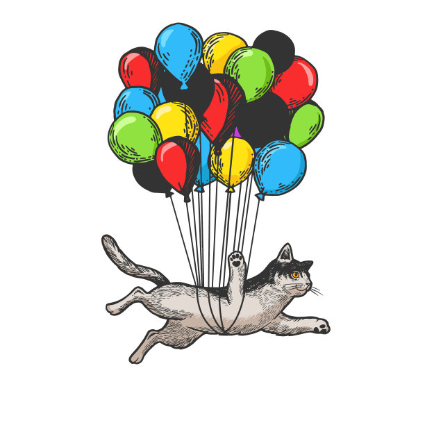 猫飞气球素描版画图片下载