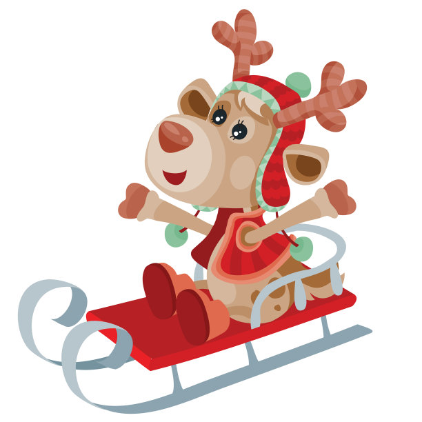 一只可爱的小鹿长着红鼻子坐在雪橇上图片下载