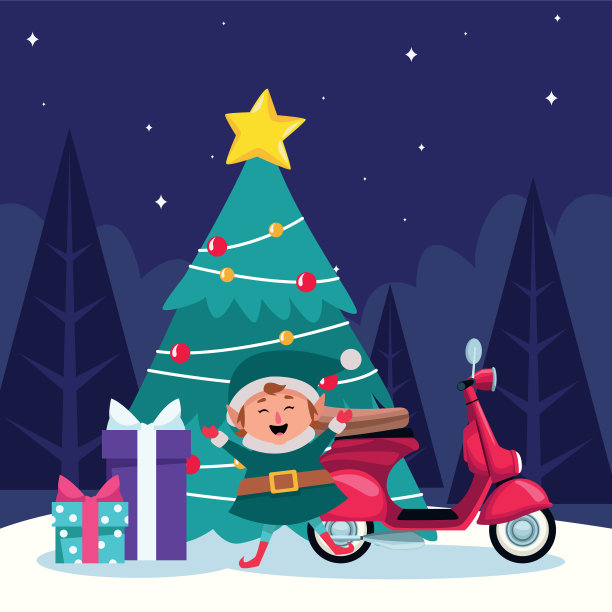 圣诞树，精灵摩托车和礼物图片下载