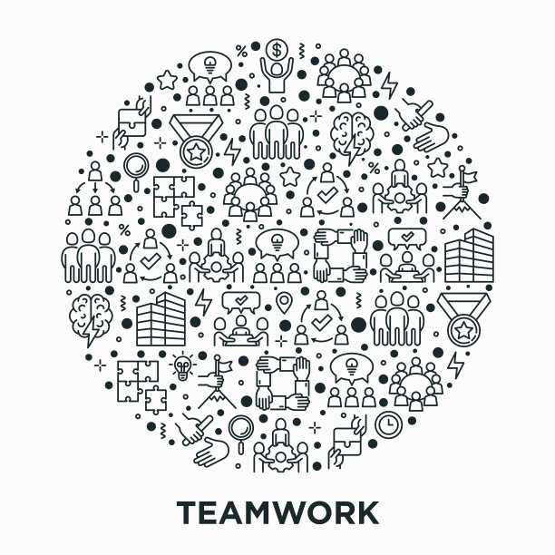 以细线图标围成的团队理念:接力赛、头脑风暴、成功、会议、创意分享、协作、联合项目、团结、支持、授权、奖金。现代向量插图。图片下载