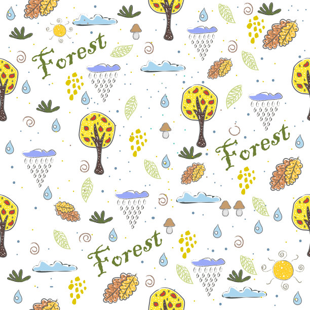 可爱的冬季图标与树和云手绘图片下载