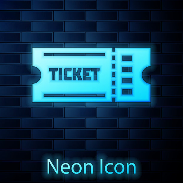 发光的霓虹灯票图标孤立在砖墙上图片下载