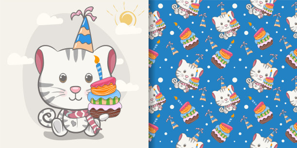 可爱的bakitten贺卡与模式设置图片下载