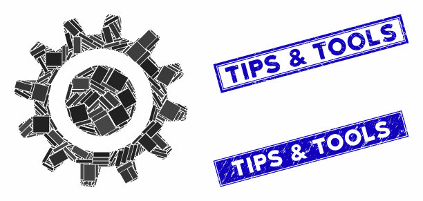 齿轮镶嵌和遇险矩形邮票印章图片下载