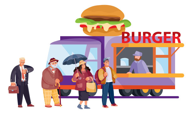 四个人站在快餐店前面排队图片下载