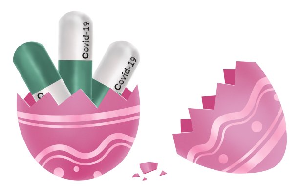 复活节彩蛋以covid-19冠状病毒药内白底、病毒感染防治概念、3d插图图片下载
